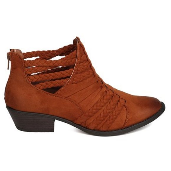 Qupid Almond Toe Braided Strappy Low Chunky Heel Chestnut Ankle Boot - Picture 2 of 5